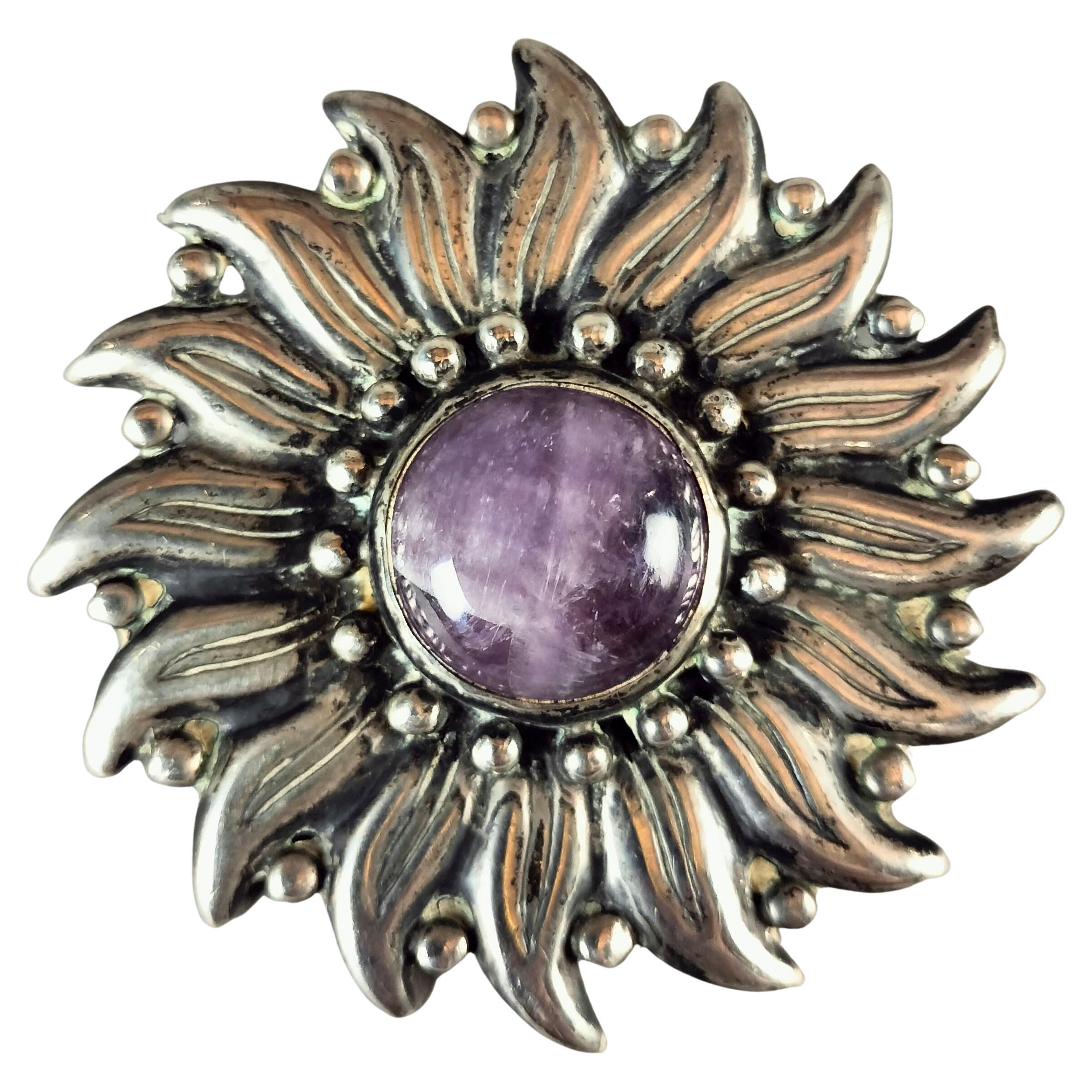 Héctor Aguilar Sunflower 0.940 Silver And Amethyst Quartz Brooch