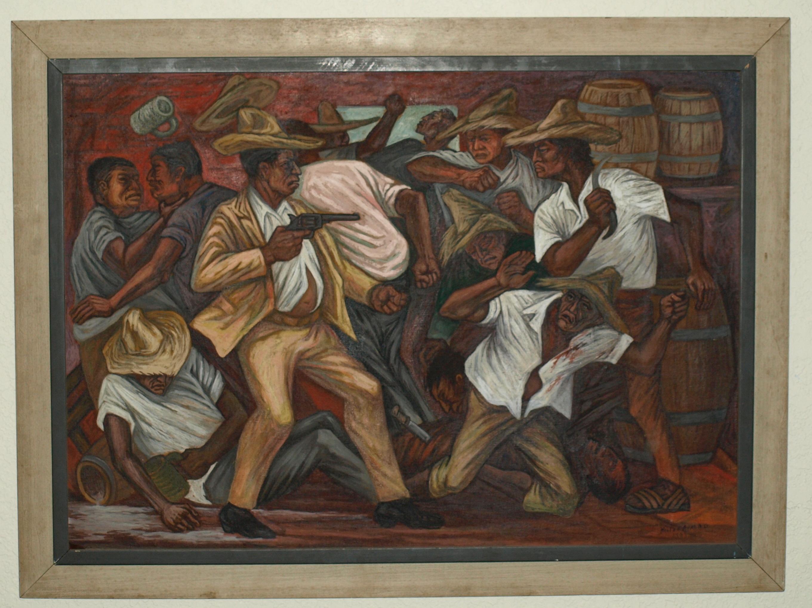 Rowdy Mexican Cantina Brawl with Beer, Men, Guns & Knives - Painting by Hector Ayala