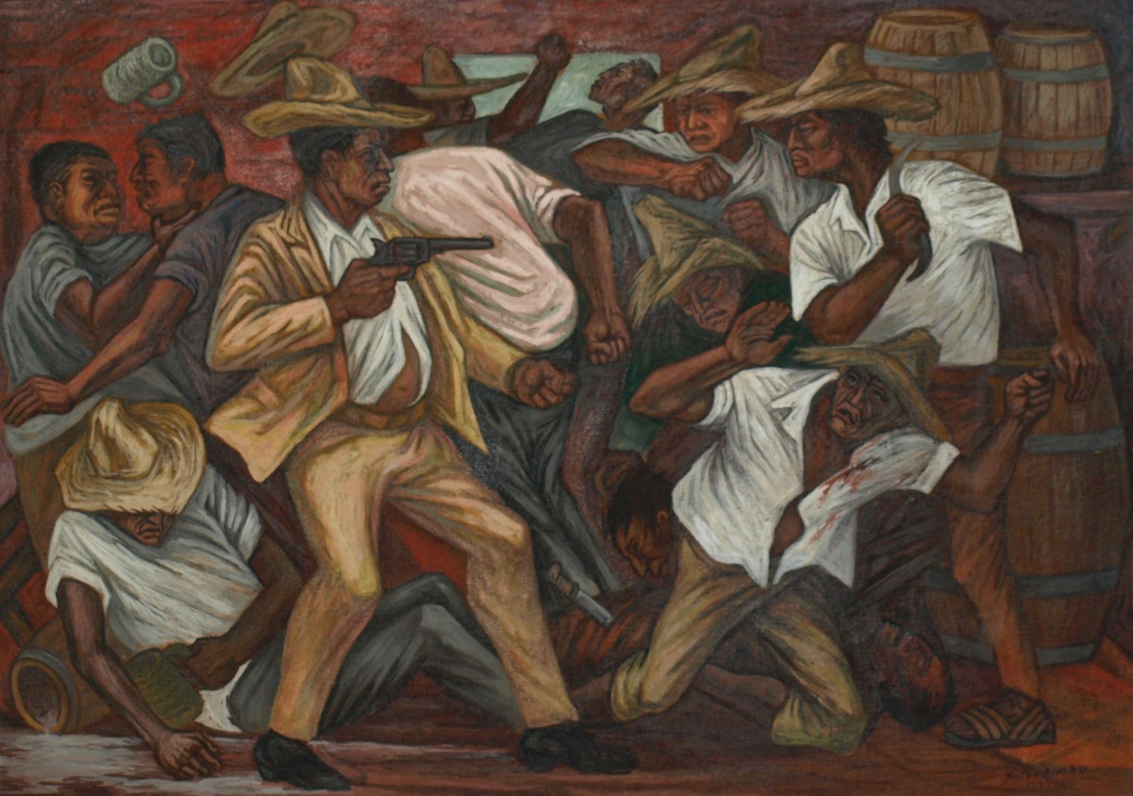 Hector Ayala Figurative Painting – Rowdy Mexikanische Cantina-Krawatte mit Bier, Männer, Waffen und Messer