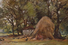 Un'aia con un pagliaio. Un antico dipinto a olio su tela