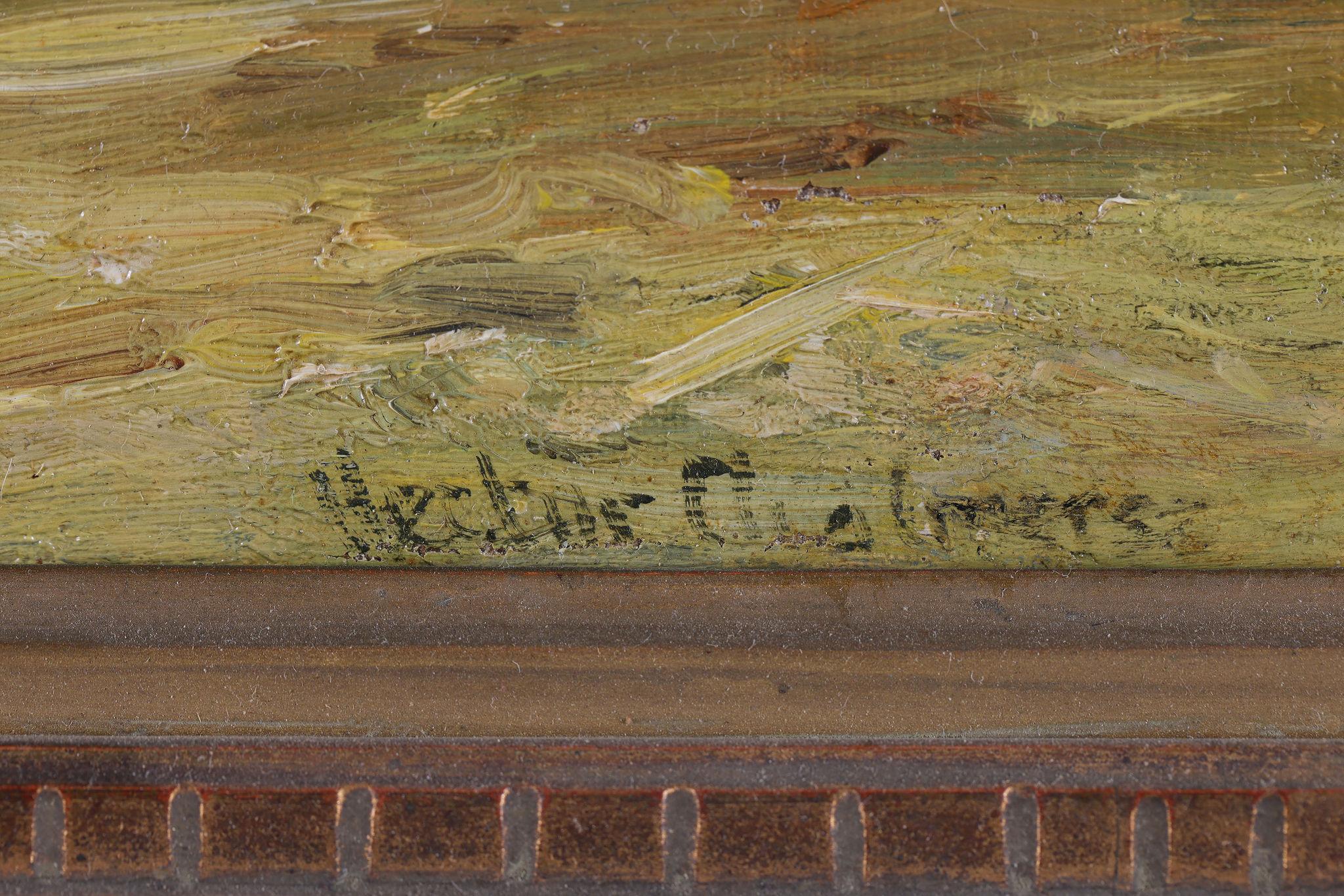 A Farmyard with a Haystack. An antique oil painting on canvas - Impressionist Painting by Hector Chalmers