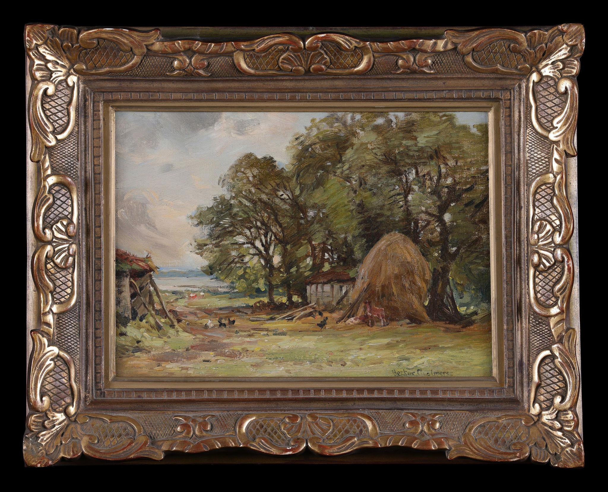 Hector Chalmers Landscape Painting - A Farmyard with a Haystack. An antique oil painting on canvas