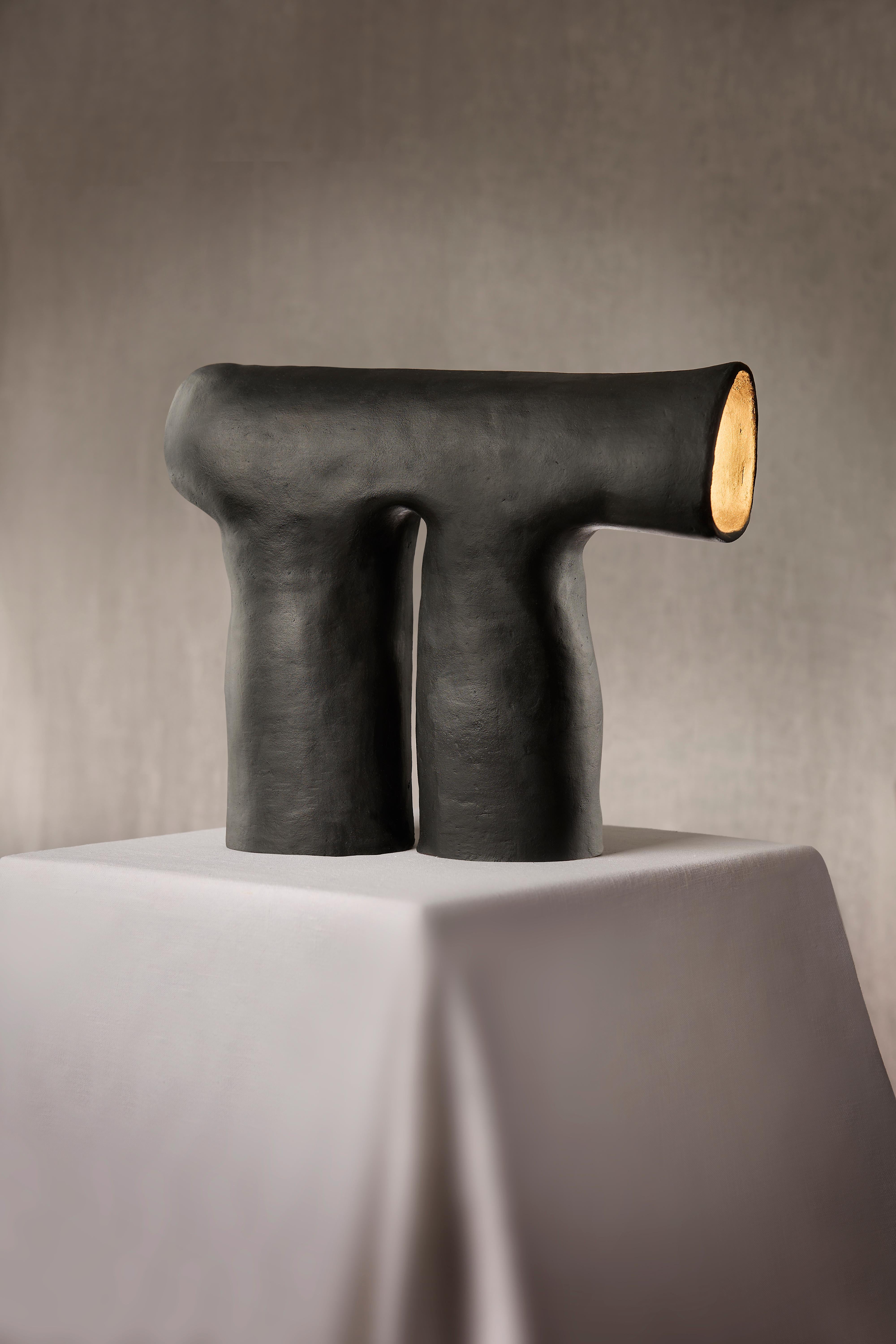 Fired Héctor, Sculptural Stoneware Lamp Wrapped in a Hand-Burnished Veil of Black Waxe For Sale