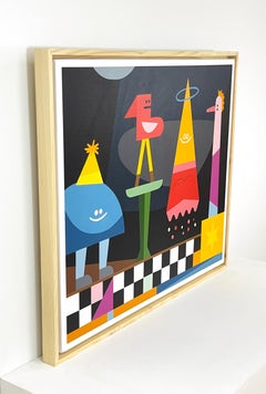 Colorful Geometric Figurative Framed Painting with Playful Imaginary Characters