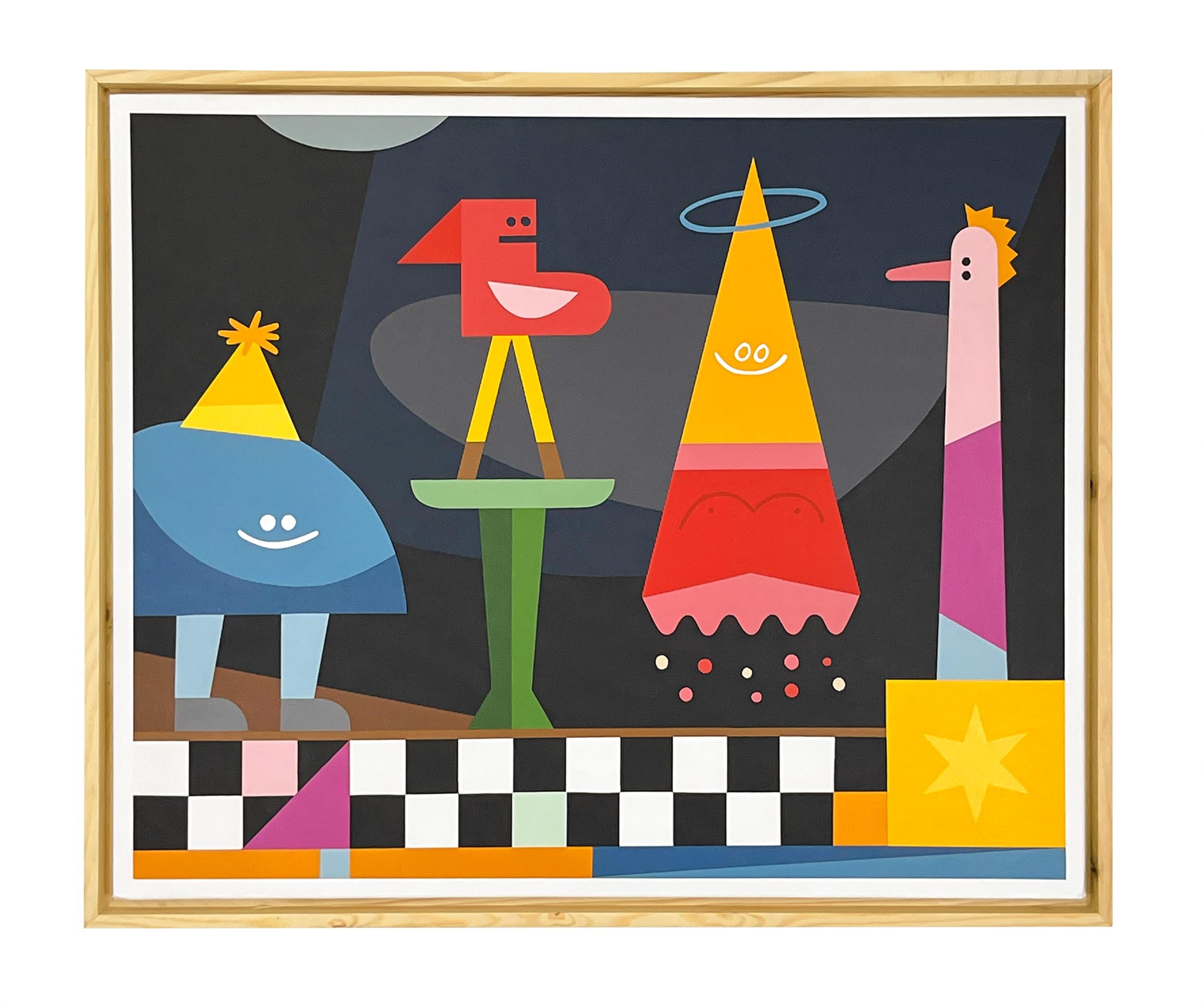 Colorful Geometric Figurative Framed Painting with Playful Imaginary Characters