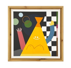 Pintura interior figurativa geométrica de colores con un sonriente recipiente amarillo