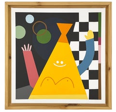 Pintura interior figurativa geométrica de colores con un sonriente recipiente amarillo