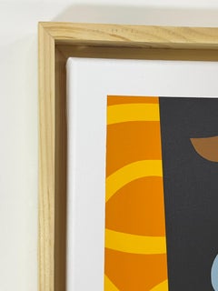 Narrative Acrylmalerei mit überdimensionalem Pinsel und grafischen Figuren
