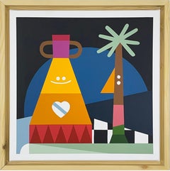 Peinture d'intérieur géométrique surréaliste avec palmier et vase figuratif