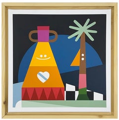 Pintura interior geométrica surrealista con palmera y vasija figurativa