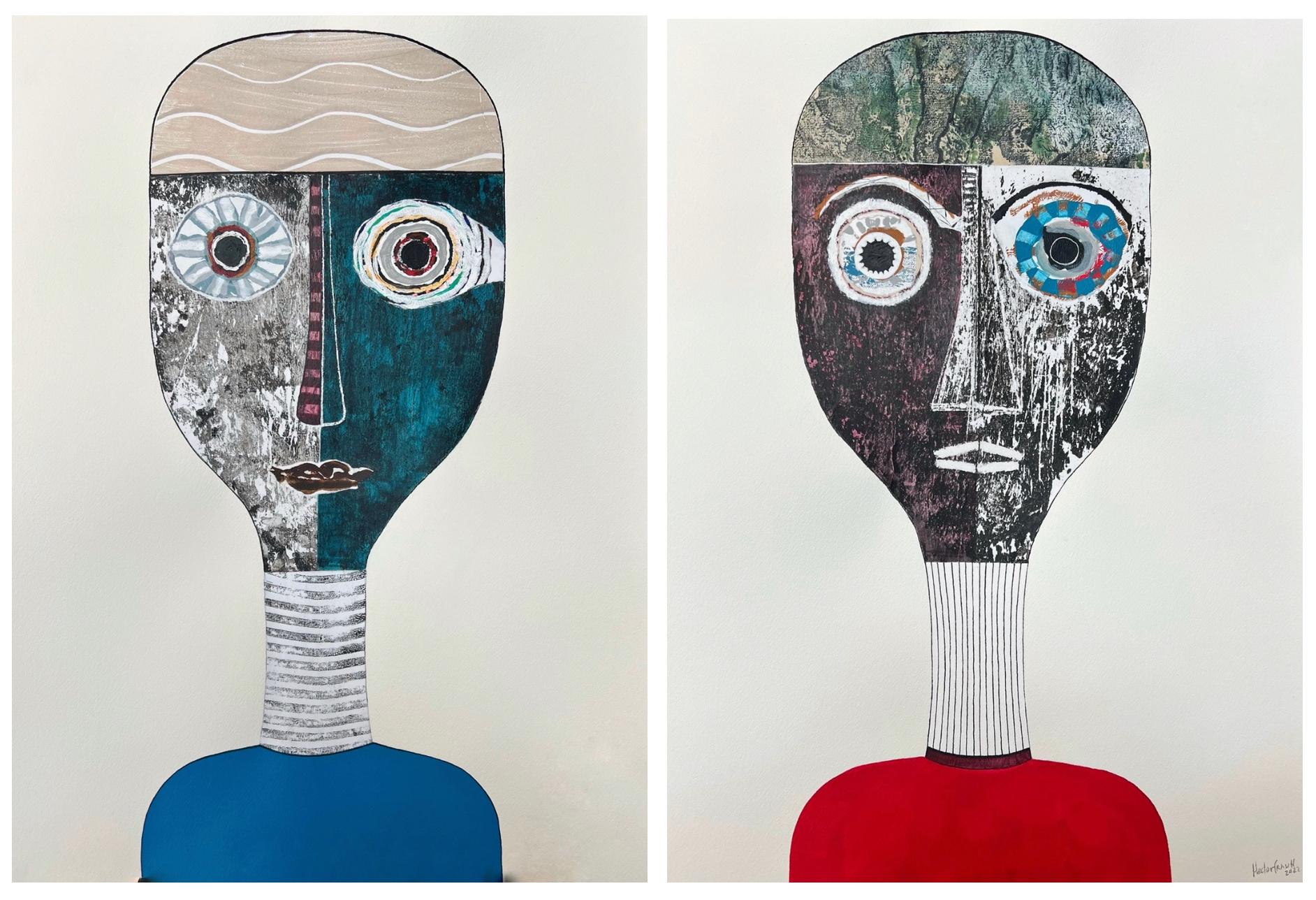 Diptych Figurative Portraits of a Man and Women, Contemporary Cuban Art - Mixed Media Art by Hector Frank