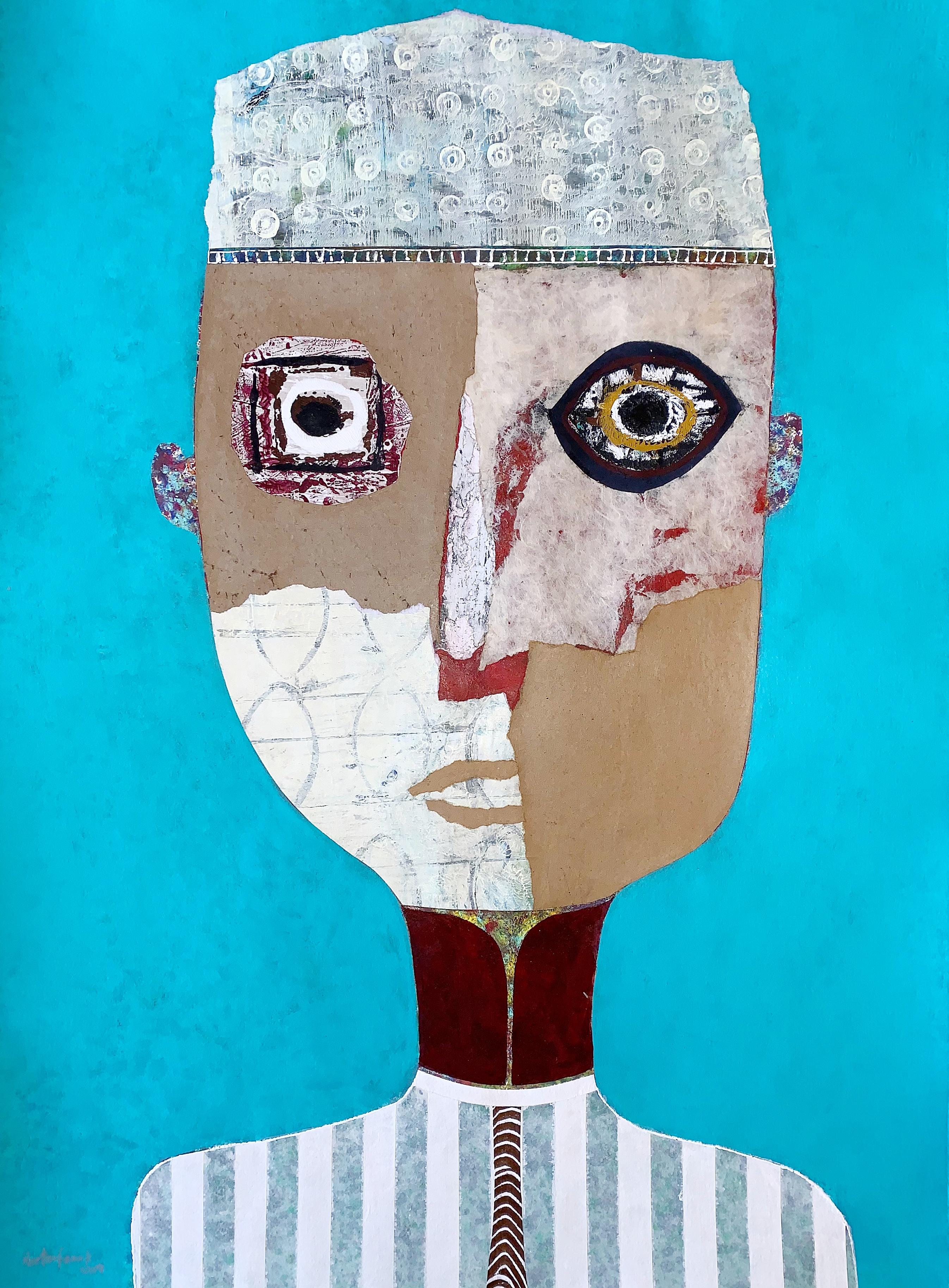 Hector Frank Figurative Painting - Bright Teal Mixed Media Figurative Portrait