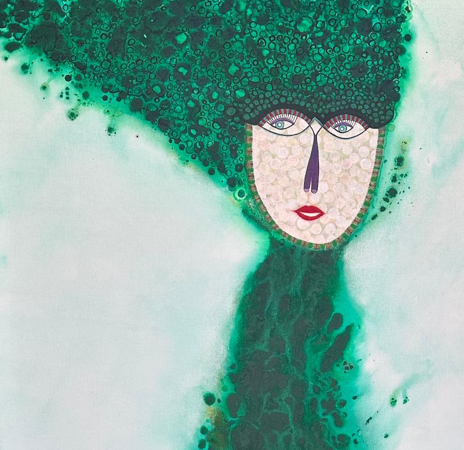 Bright Vibrant Emerald Green Figurative Portrait by Cuban Artist Hector Frank For Sale 3