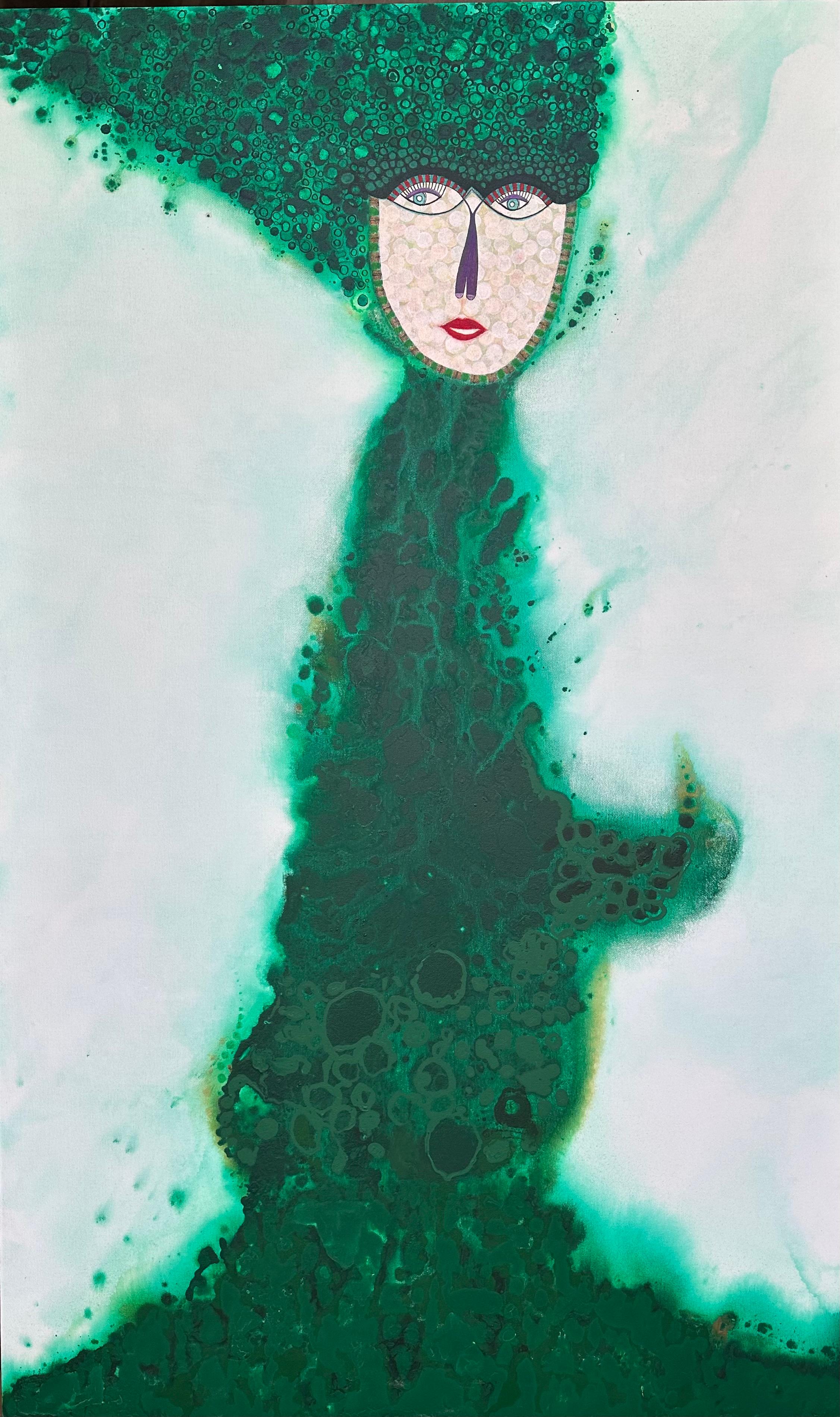 Figuratives vibrierendes smaragdgrünes weibliches Porträt - großformatige zeitgenössische kubanische Kunst.

Dieses Stück ist ein Unikat und wird mit einem signierten Echtheitszertifikat des Künstlers geliefert.

Obwohl er international als einer