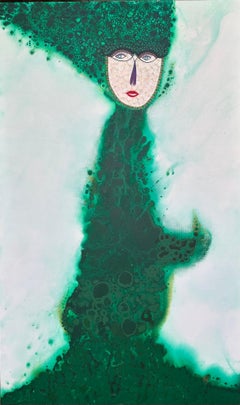 Portrait figuratif en vert émeraude éclatant de l'artiste cubain Hector Frank