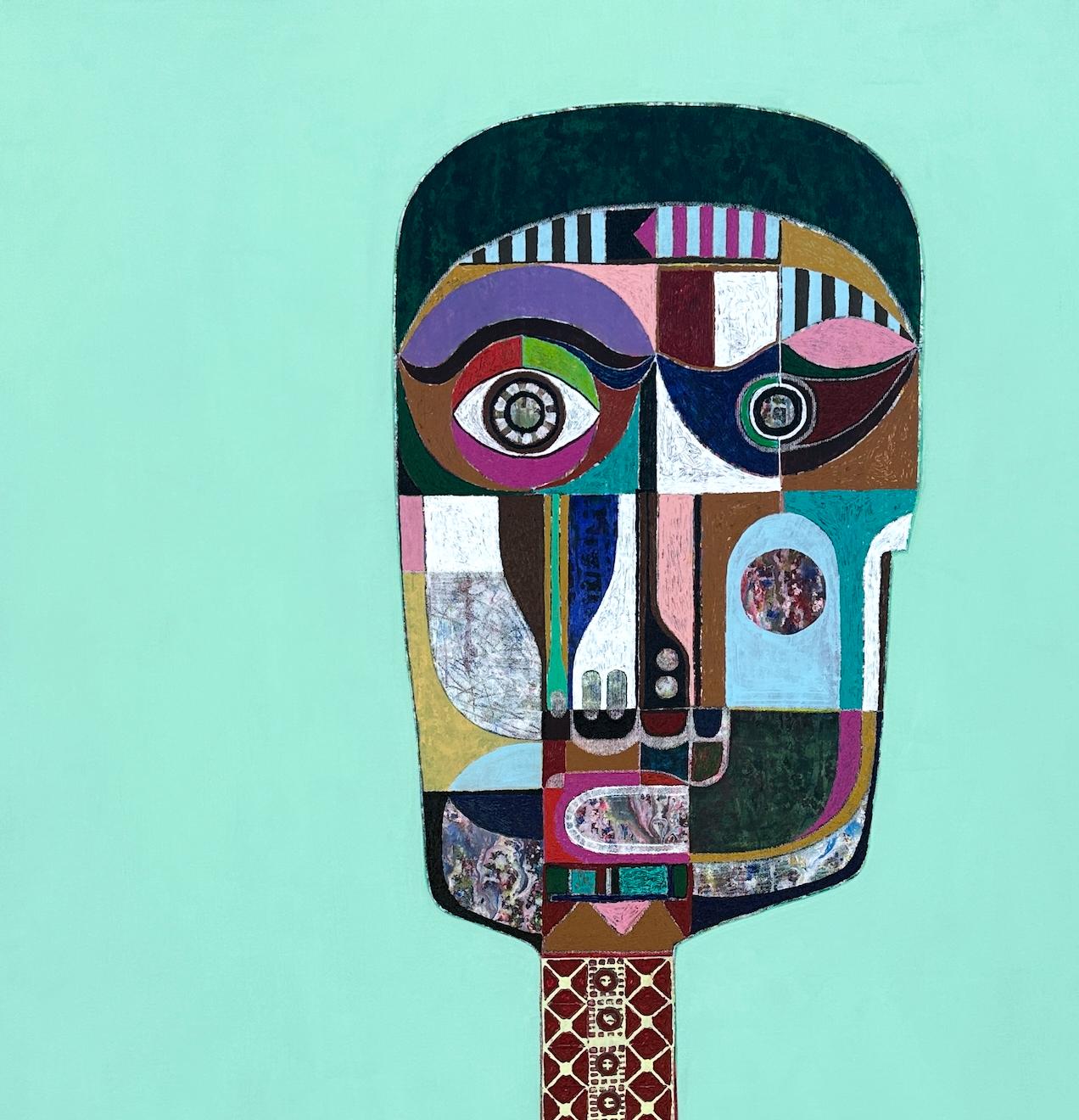 Figuratives blaues Baby-Porträt in Mischtechnik des kubanischen Künstlers Hector Frank im Angebot 1