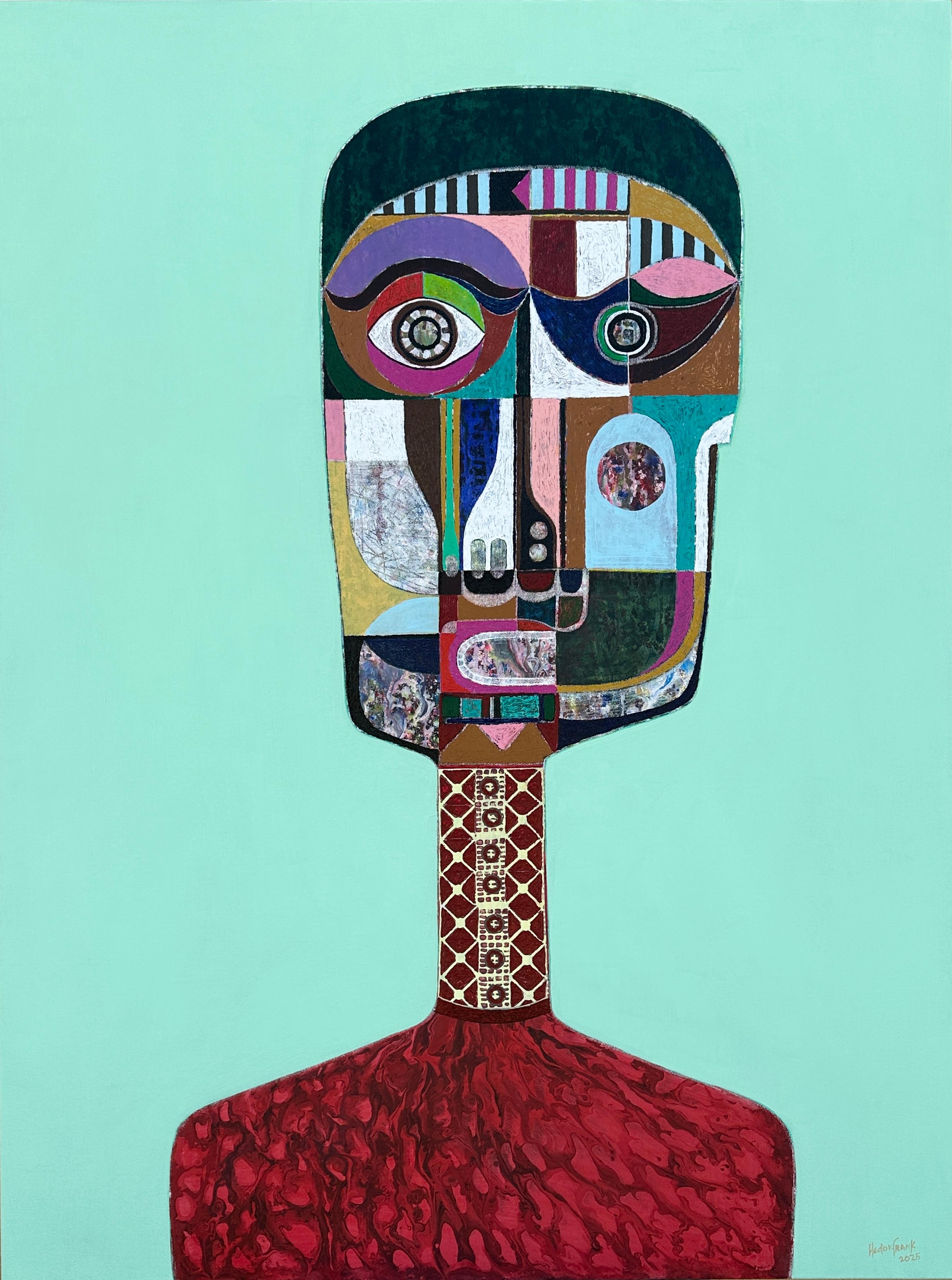 Figuratives blaues Baby-Porträt in Mischtechnik des kubanischen Künstlers Hector Frank