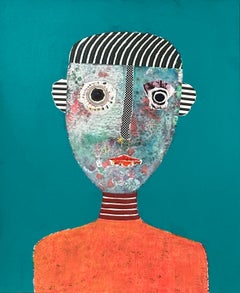 Ritratto originale blu figurativo dell'artista cubano Hector Frank