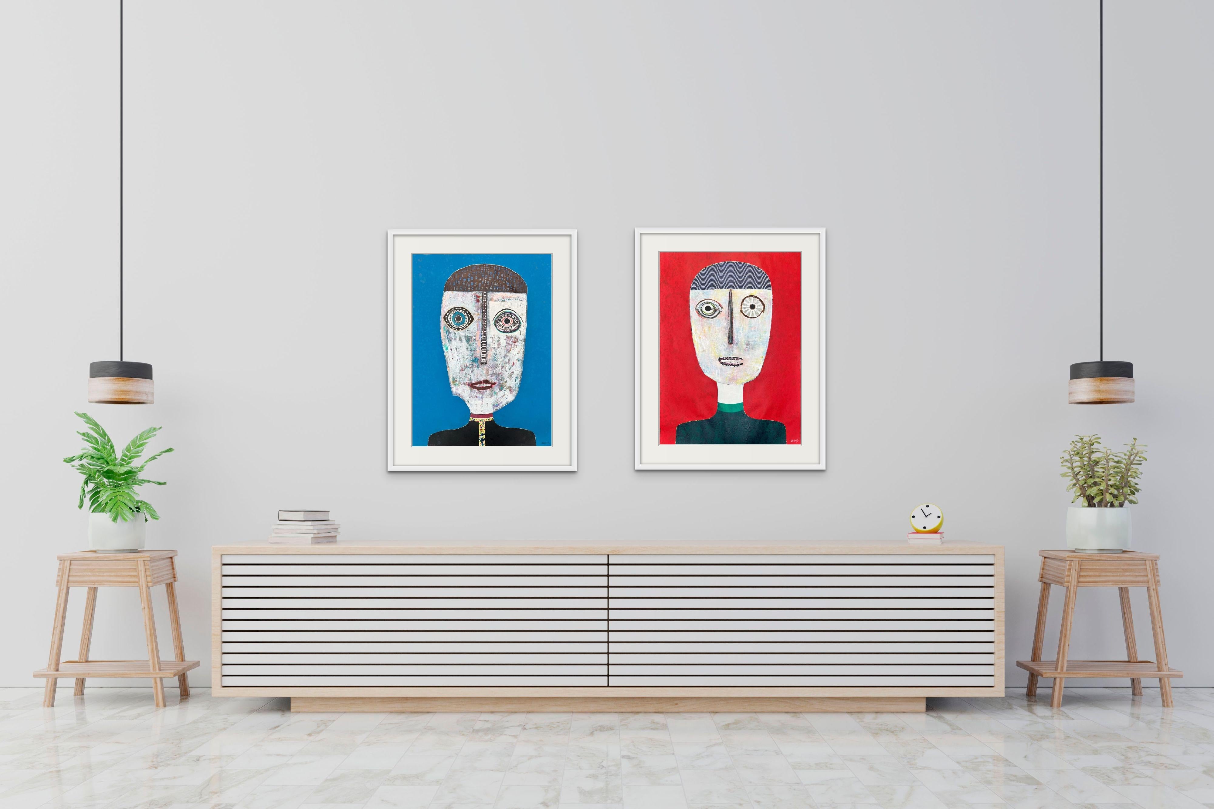 Figuratives kubistisches blaues Porträt des kubanischen Künstlers Hector Frank im Angebot 1
