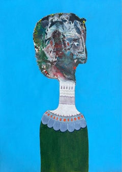 Figuratives kubistisches blaues Porträt des kubanischen Künstlers Hector Frank