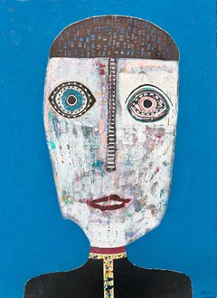 Figuratives kubistisches blaues Porträt des kubanischen Künstlers Hector Frank