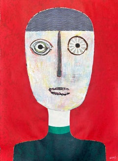 Figurative Cubist Red Portrait by Cuban Artist Hector Frank