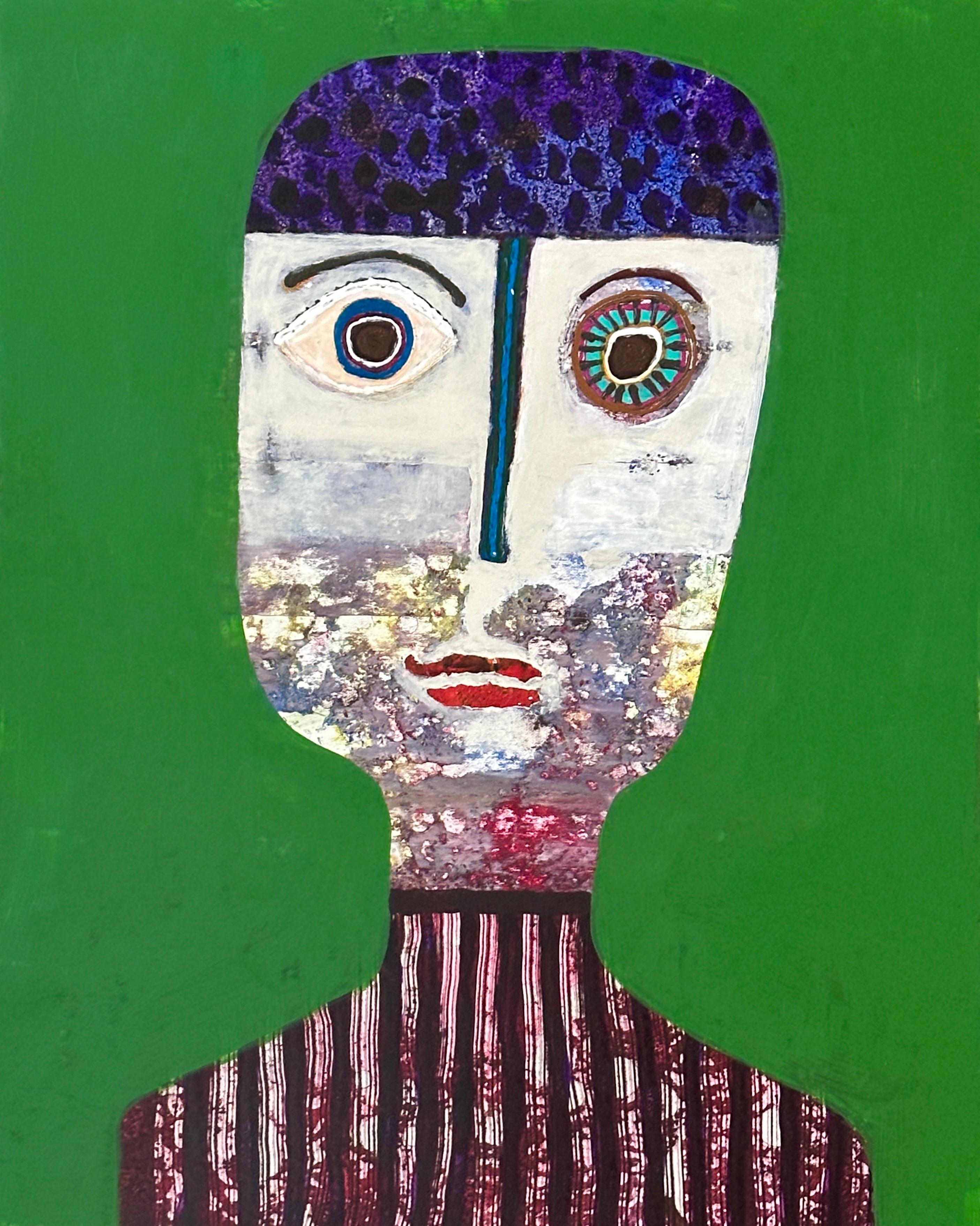 Pintura Figurativa Verde Retrato Original del Artista Cubano Hector Frank