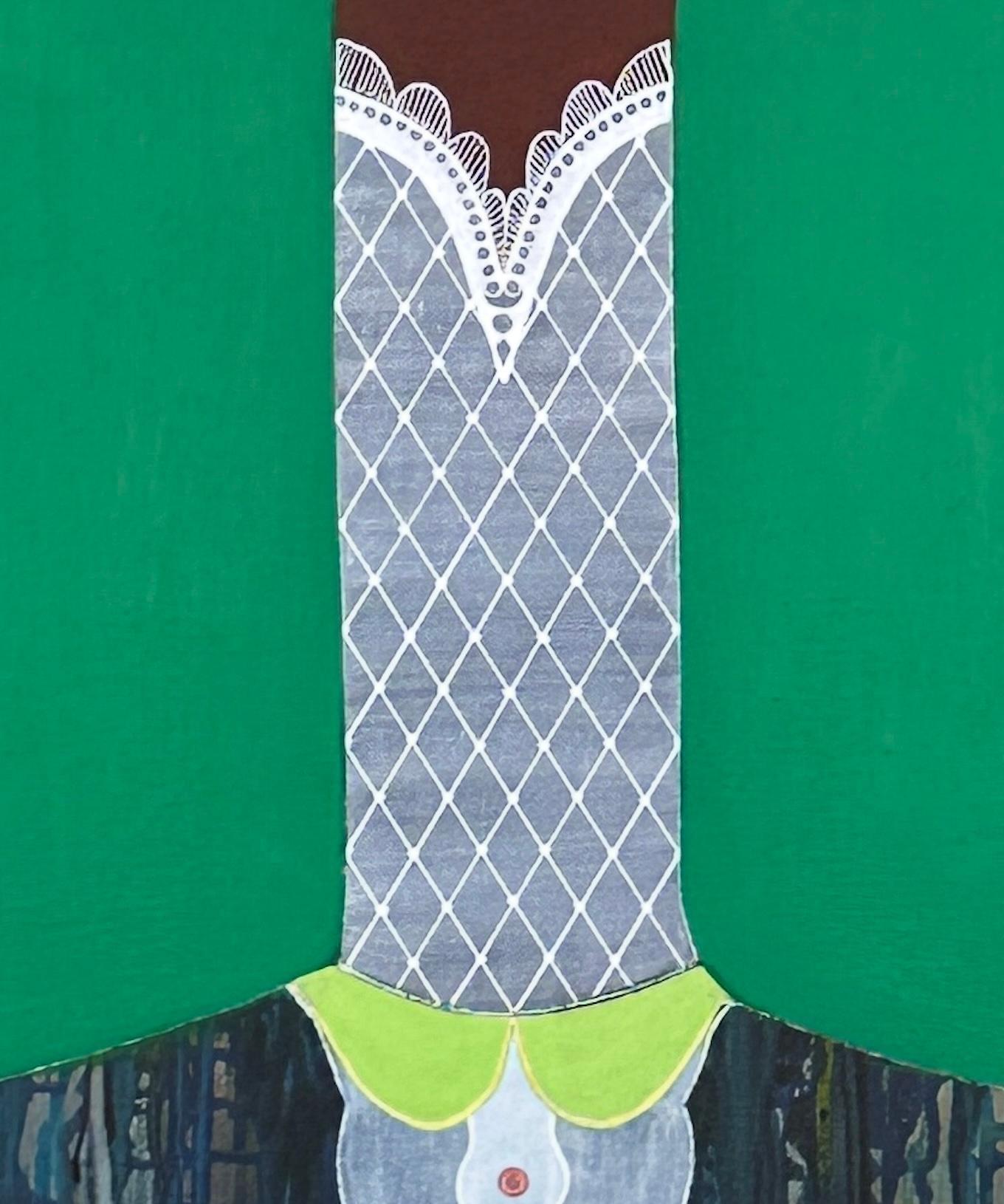 Figurative Mixed Media Green Portrait by Cuban Artist Hector Frank For Sale 1