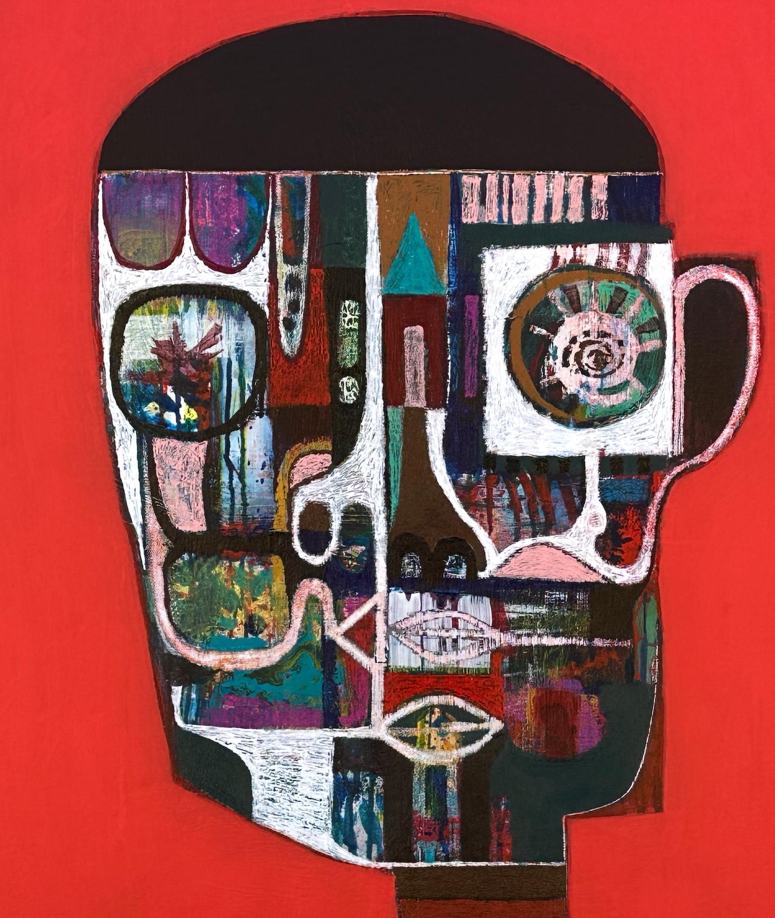 Figurative Red Mixed Media Portrait by Cuban Artist Hector Frank For Sale 1