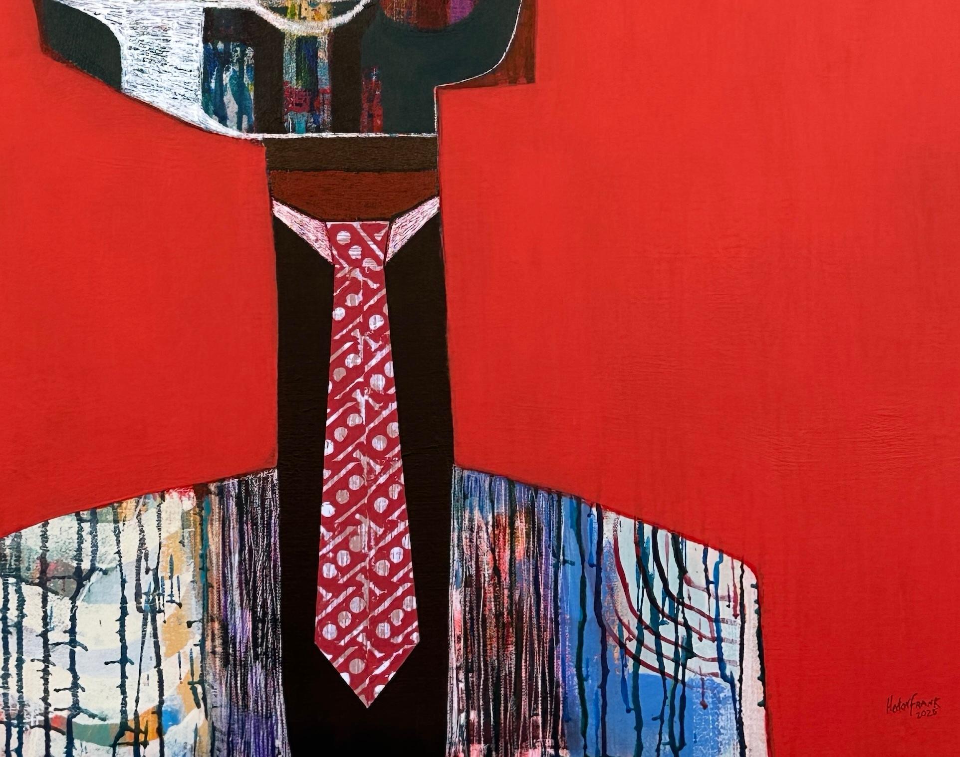 Figurative Red Mixed Media Portrait by Cuban Artist Hector Frank For Sale 2