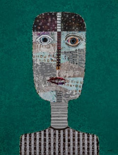 Forest Green Figurative Mixed Media Portrait by Cuban Artist Hector Frank