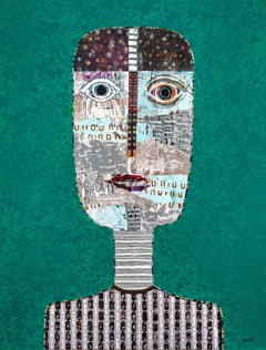 Ritratto figurativo in tecnica mista verde foresta dell'artista cubano Hector Frank