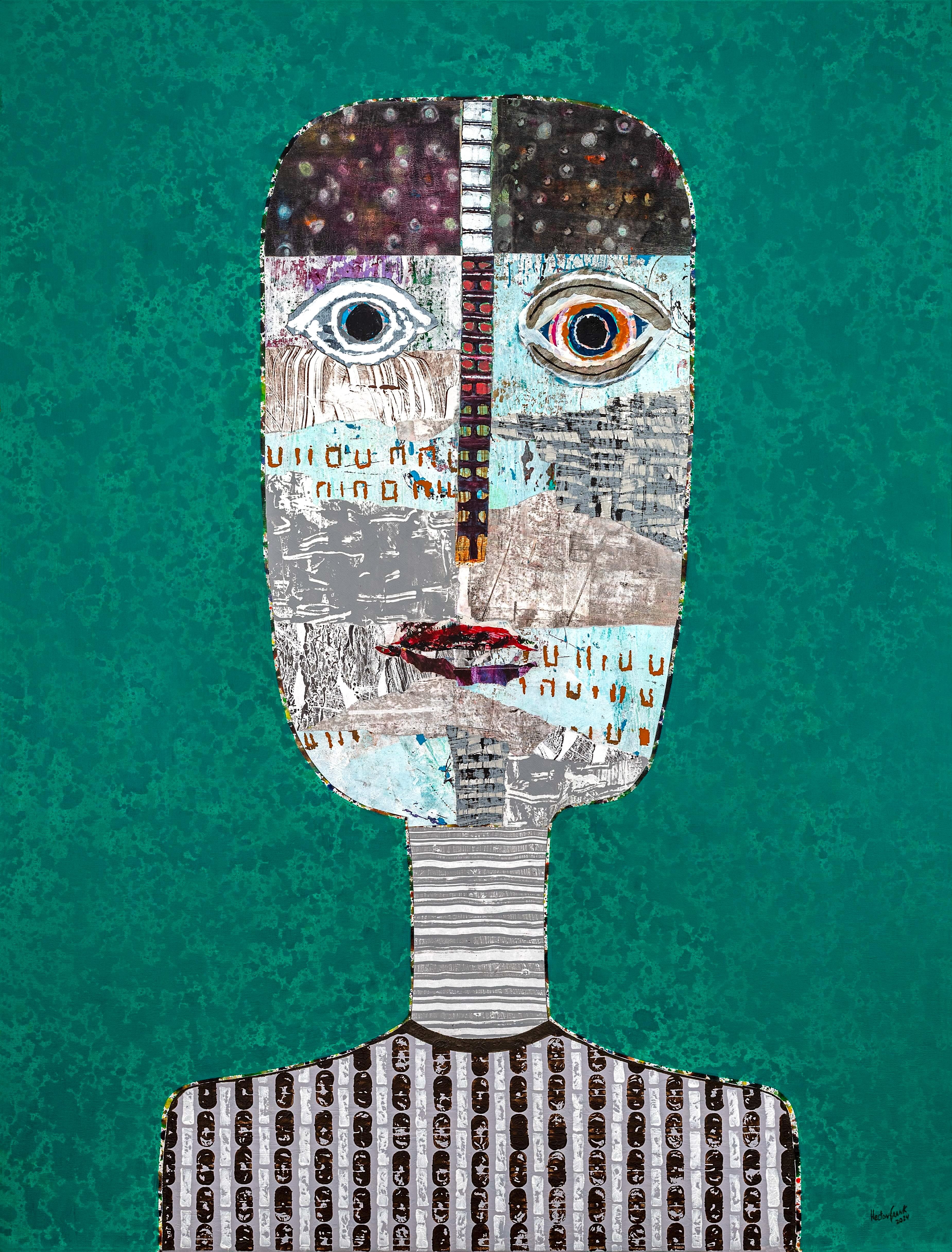 Waldgrünes figuratives Mixed Media-Porträt des kubanischen Künstlers Hector Frank