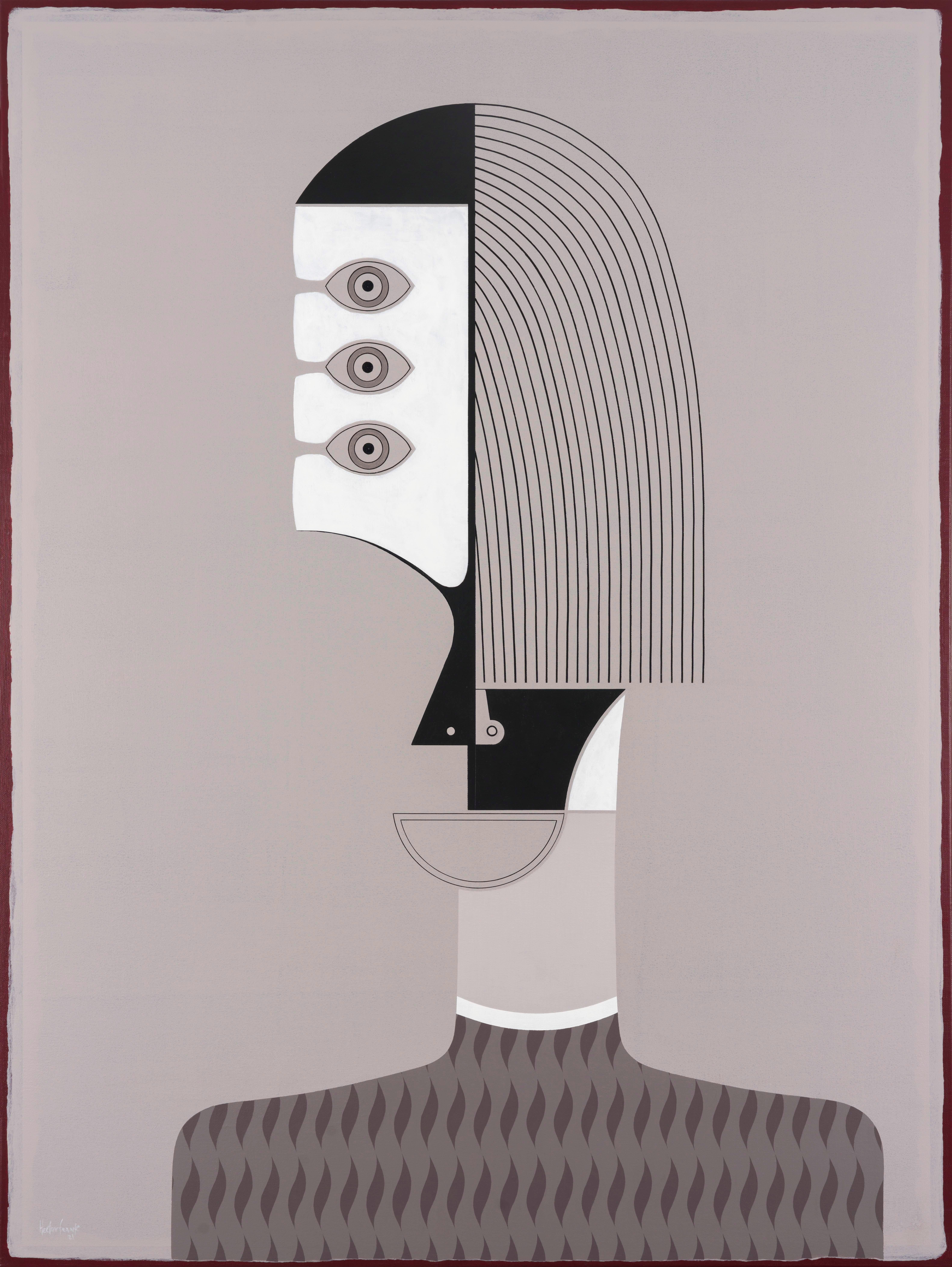Ritratto figurativo neutro in acrilico dell'artista cubano Hector Frank