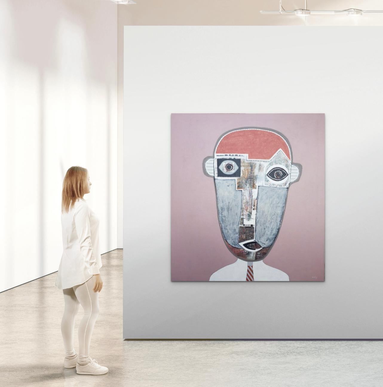 Pastel Pink Figurative Modern Portrait Painting by Cuban Artist Hector Frank For Sale 2