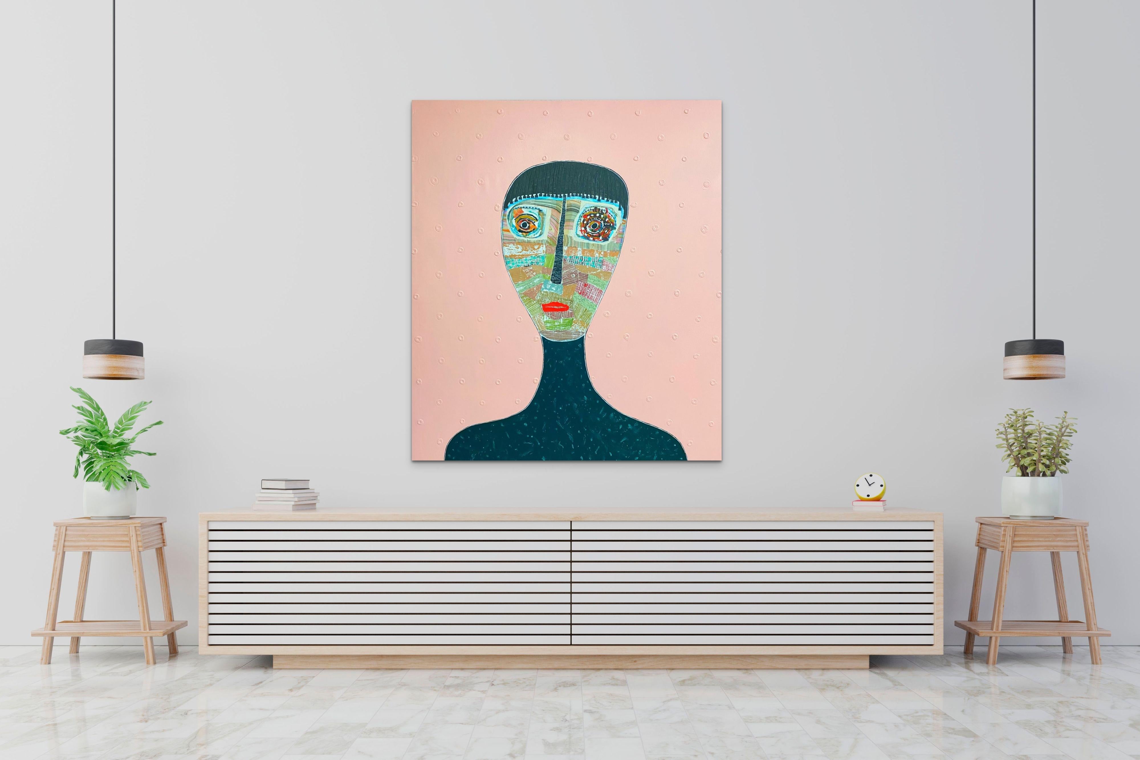 Pink Abstract Figurative Portrait by Cuban Artist Hector Frank For Sale 2