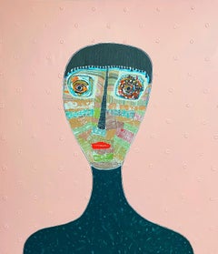 Portrait figuratif abstrait rose de l'artiste cubain Hector Frank