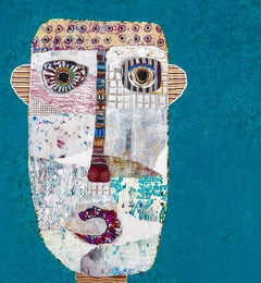 Ritratto figurativo in tecnica mista verde acqua blu dell'artista cubano Hector Frank