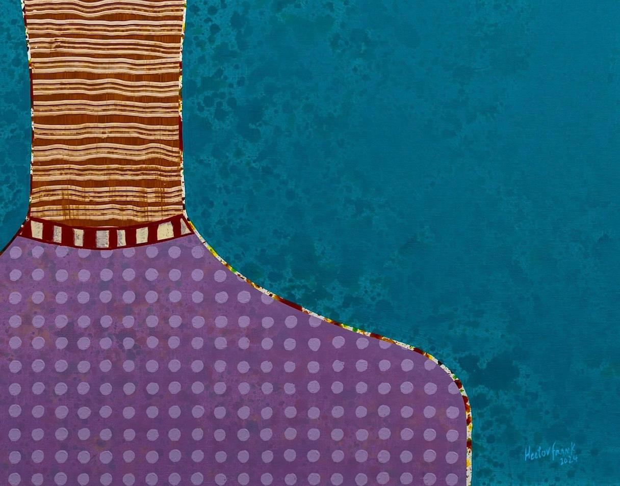 Teal Aqua Blue Retrato figurativo en técnica mixta del artista cubano Hector Frank en venta 2