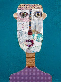 Teal Aqua Blue Retrato figurativo en técnica mixta del artista cubano Hector Frank