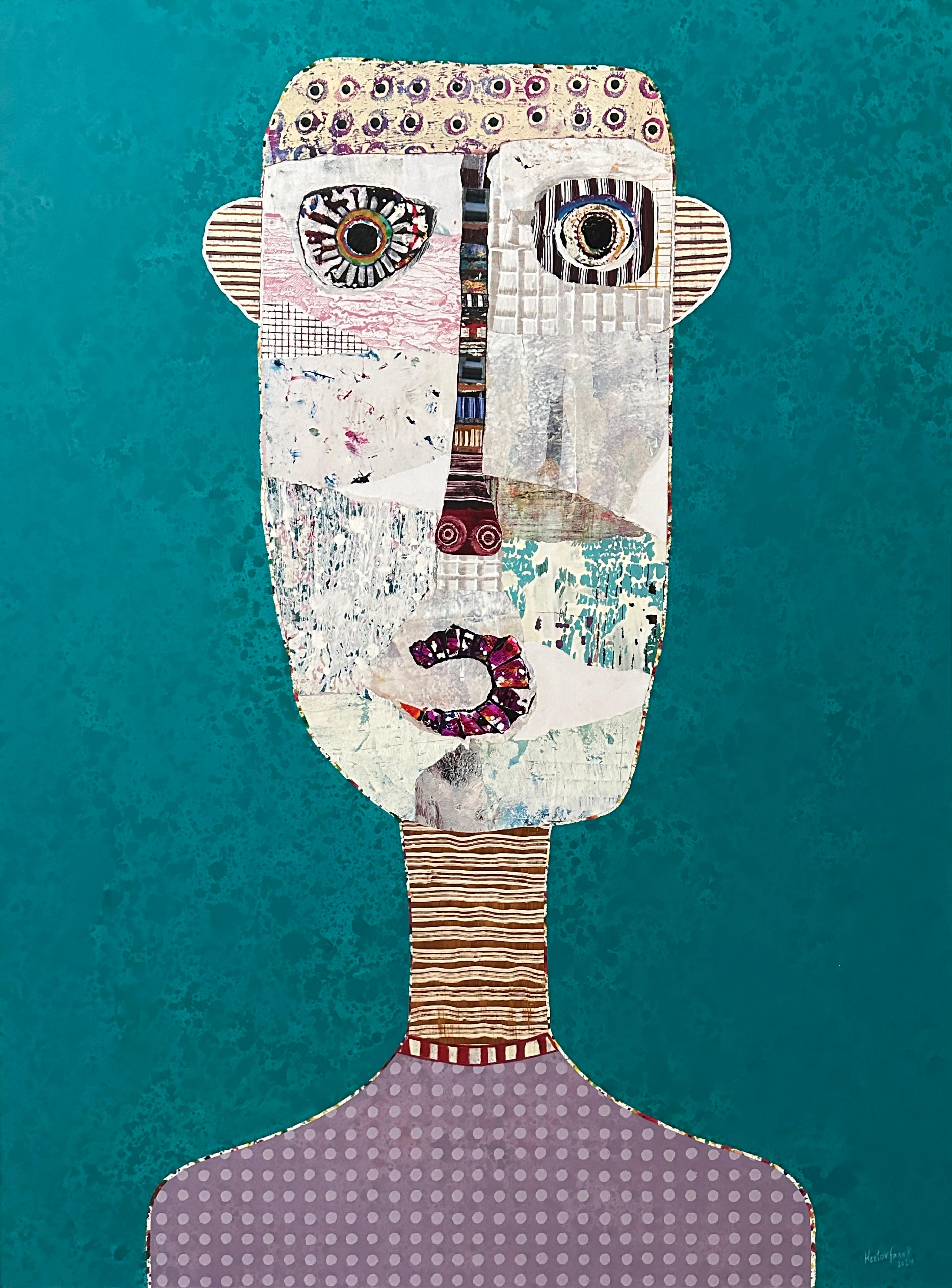 Figuratives Mixed Media-Porträt des kubanischen Künstlers Hector Frank in Teal Blau