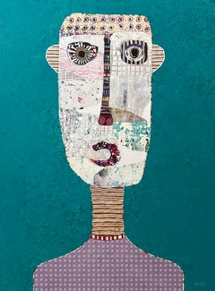 Figuratives Mixed Media-Porträt des kubanischen Künstlers Hector Frank in Teal Blau
