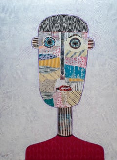 Portrait figuratif neutre texturé en techniques mixtes de l'artiste cubain Hector Frank