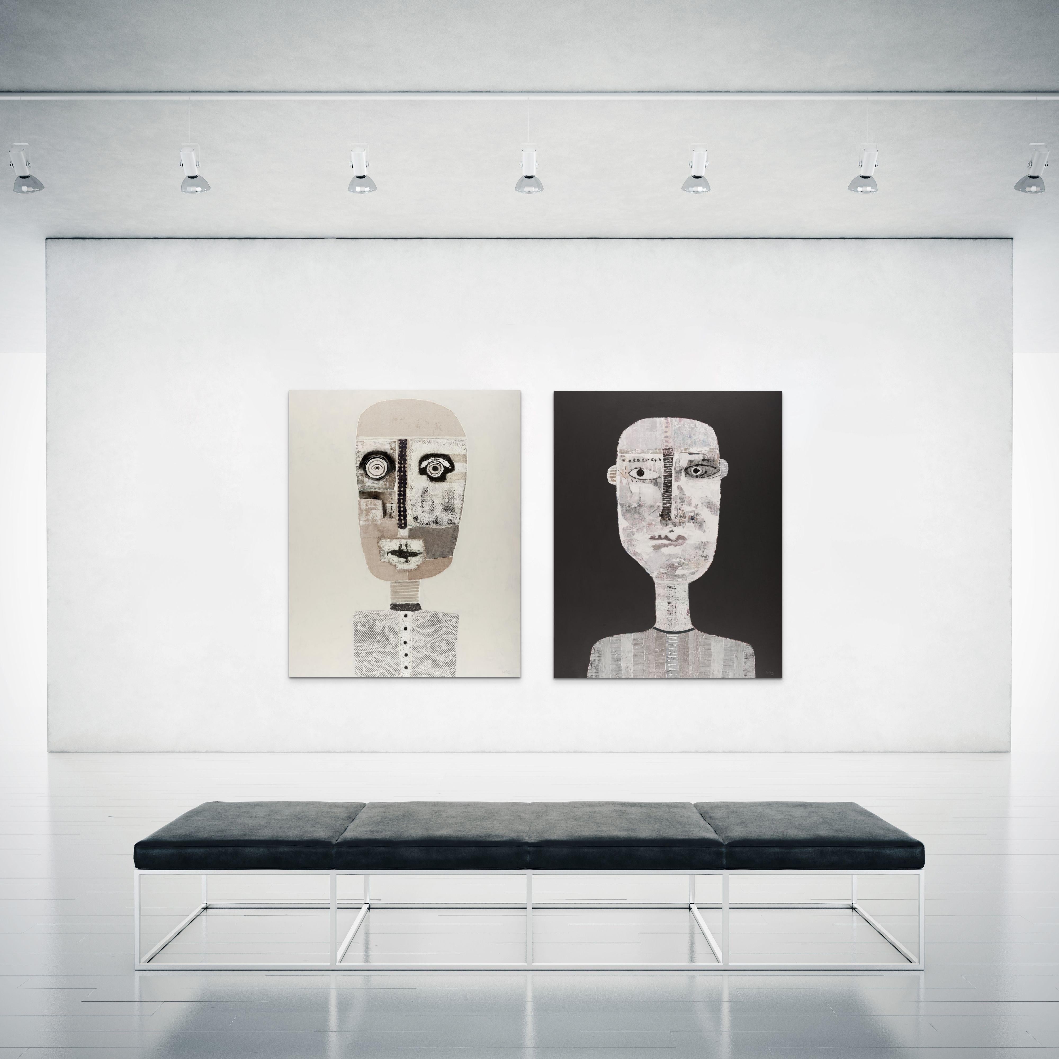 Retrato figurativo blanco texturizado en técnica mixta del artista cubano Hector Frank en venta 6