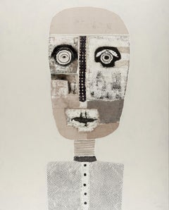 Texturiertes, figuratives, weißes, figuratives Mixed-Media-Porträt des kubanischen Künstlers Hector Frank