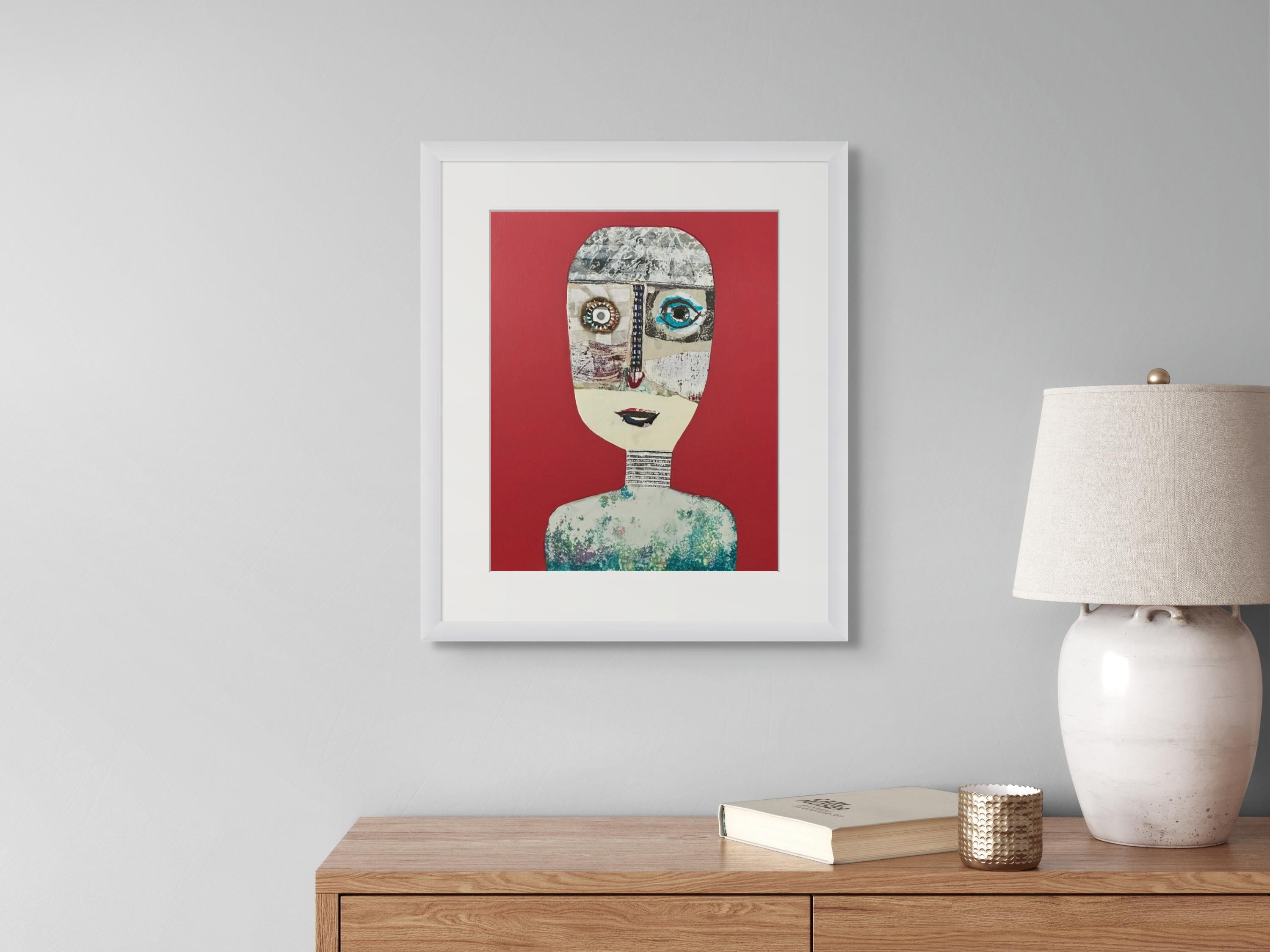 Untitled Portrait, Red Original Figurative Painting by Cuban Artist Hector Frank im Angebot 1