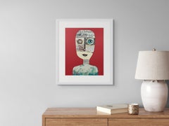 Untitled Portrait, Red Original Figurative Painting by Cuban Artist Hector Frank