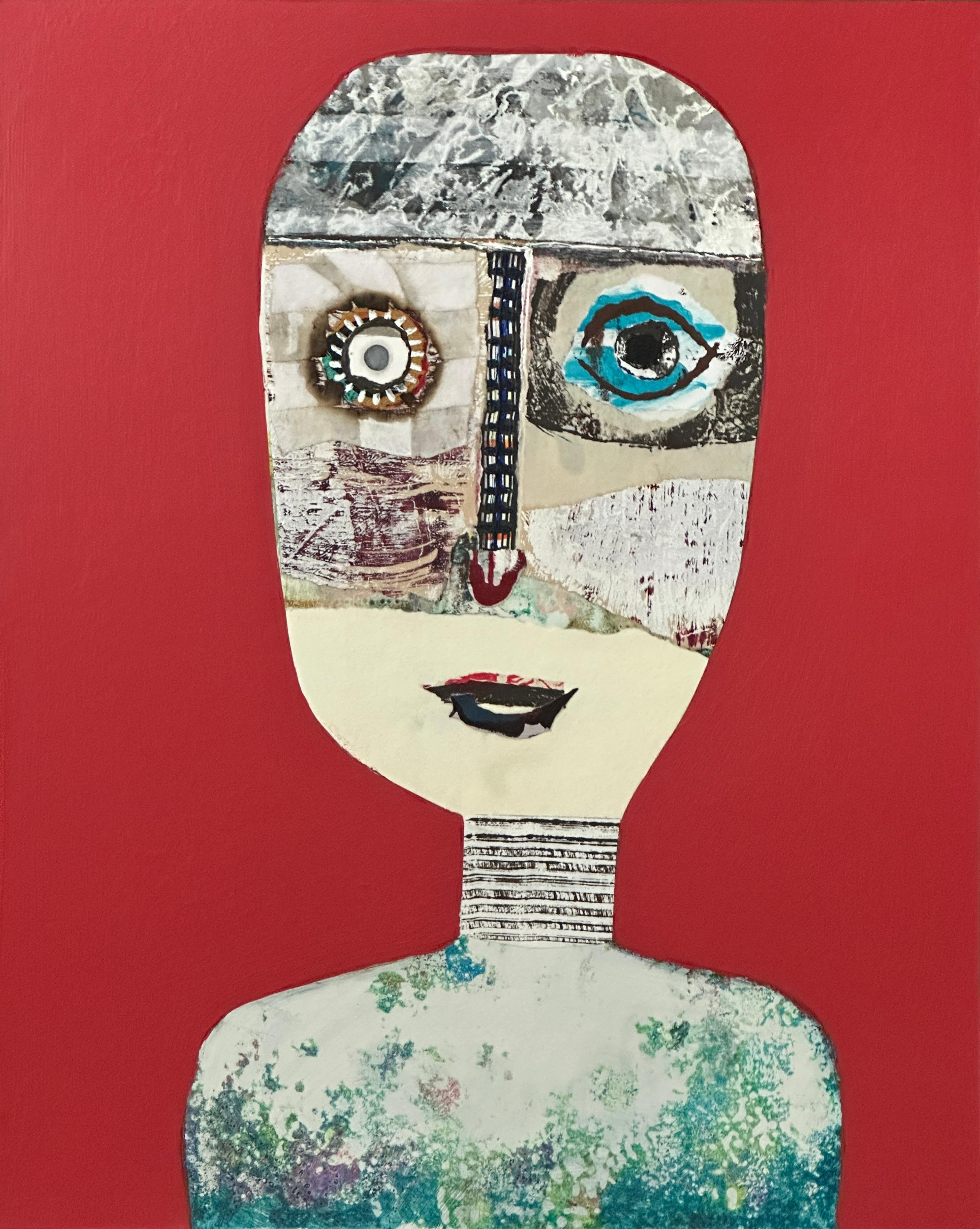 Porträt ohne Titel, rotes Original-Figuratives Gemälde des kubanischen Künstlers Hector Frank