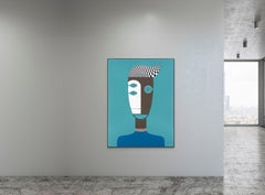 Vibrant Cubist Blue Figurative Portrait by Cuban Artist Hector Frank