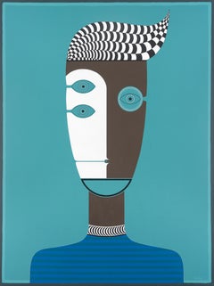 Leuchtend kubistisches blaues figuratives Porträt des kubanischen Künstlers Hector Frank